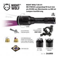 NIGHT WOLF-XH-01 HD-FOKUS IR 850nm-Lampenkopf mit Ø 44mm+Zubehör